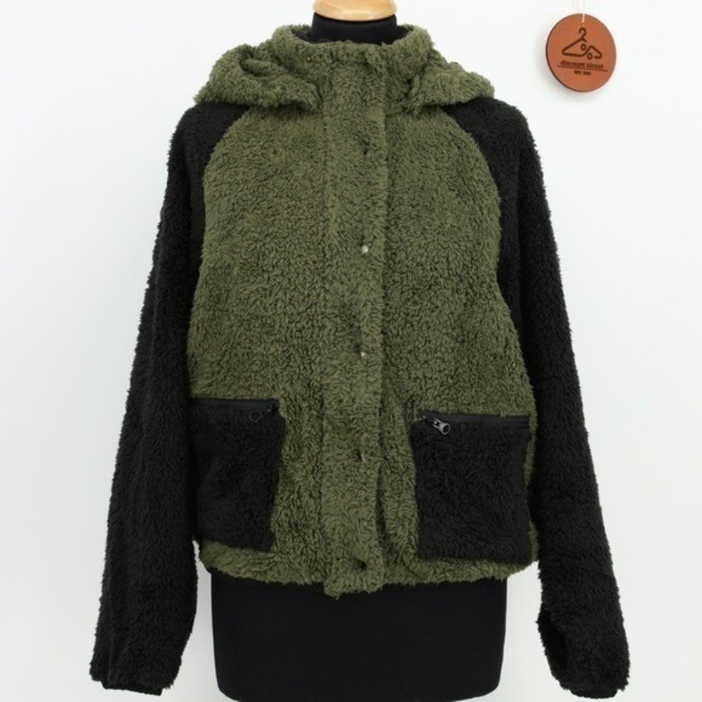 Plush X Revolve‎ Womens Sherpa Fleece Hooded Jacket Green Black Size Medium
